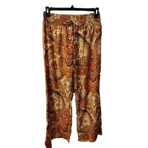 Woman Paisley Wide Leg Light Weight Pants Elastic Waist Yellow Orange Size...